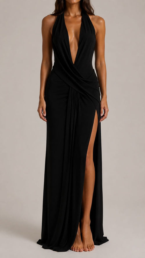 AURELIA - black draped midi dress